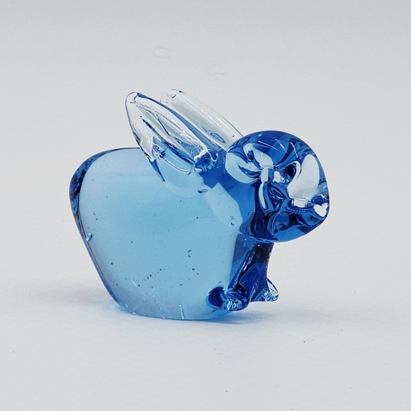 Unmarked Other - Vintage Blue Glass Rabbit Paperweight Fenton Style Hand Crimped Chubby Bunny